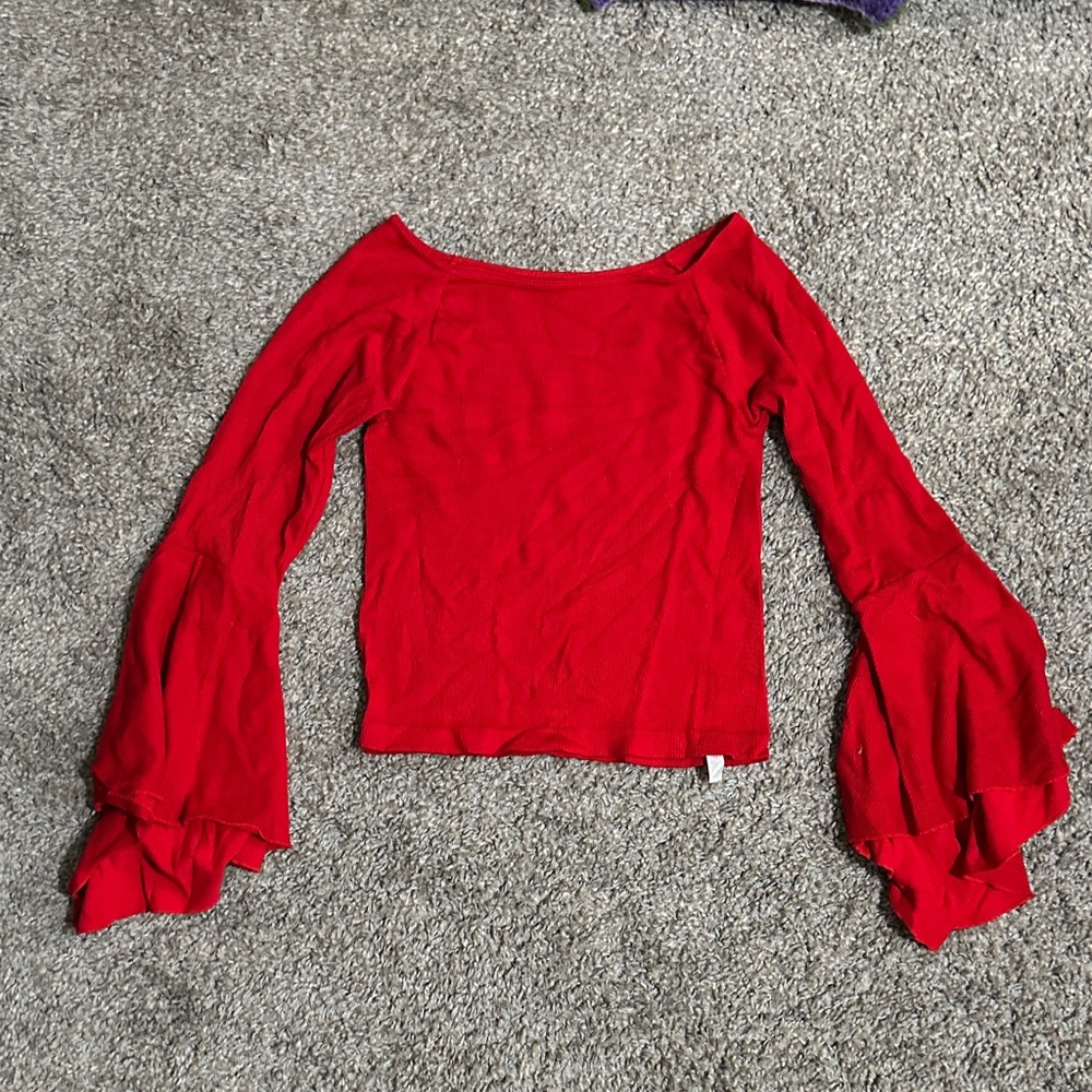 Elegant Red Women's Blouse with Ruffled Sleeves